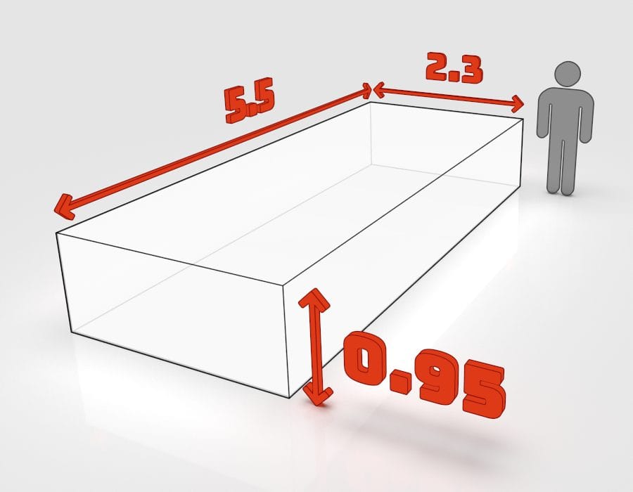 Dimensions de la benne 10 m³ à louer à Obernai : 5,5 × 2,3 × 0,95 m