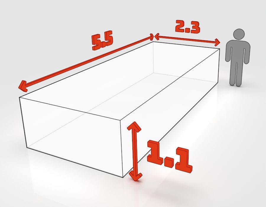 Dimensions de la benne 15 m³ à louer à Obernai : 5,5 × 2,3 × 1,1 m