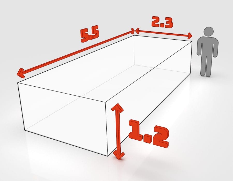 Dimensions de la benne 20 m³ à louer à Obernai : 5,5 × 2,3 × 1,2 m