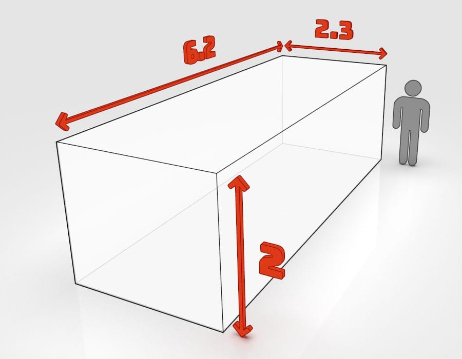 Dimensions de la benne 30 m³ à louer à Obernai : 6,2 × 2,3 × 2,0 m