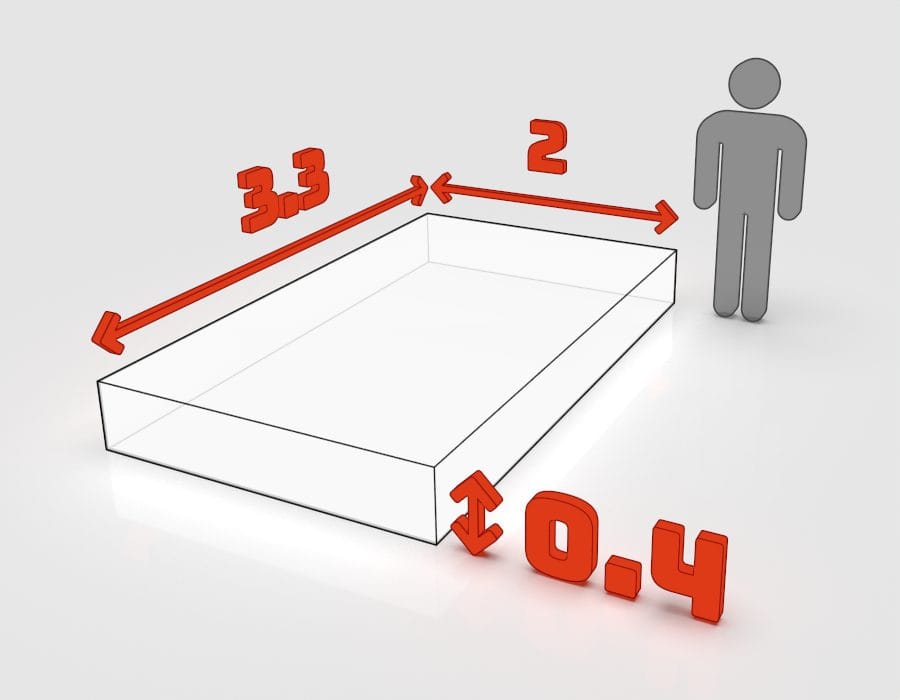 Dimensions de la benne 3 m³ à louer à Obernai : 3,3 × 2 × 0,4 m