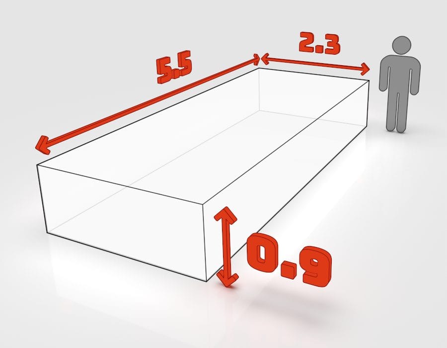 Dimensions de la benne 8 m³ à louer à Obernai : 5,5 × 2,3 × 0,9 m